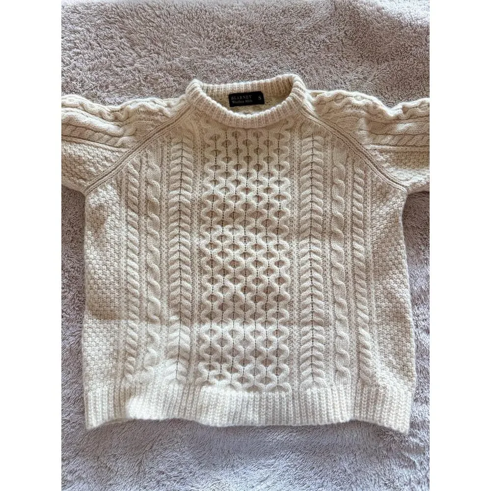 Blarney Woollen Mills Aran Sweater Cream Cable Knit Fisherman Wool Pullover S